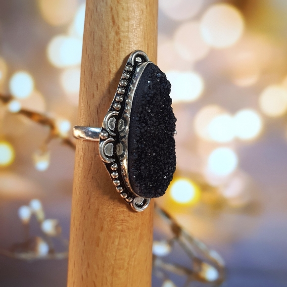 Black Titanium Druzy Gemstone Sterling Silver Plated Ring Size 9 - Picture 4 of 8